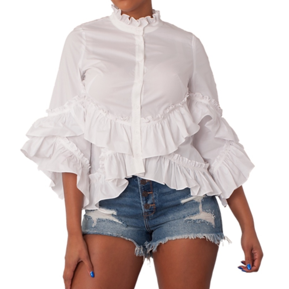 NEW White  100% Cotton Ruffle Top on sleeves and hem button front sz M